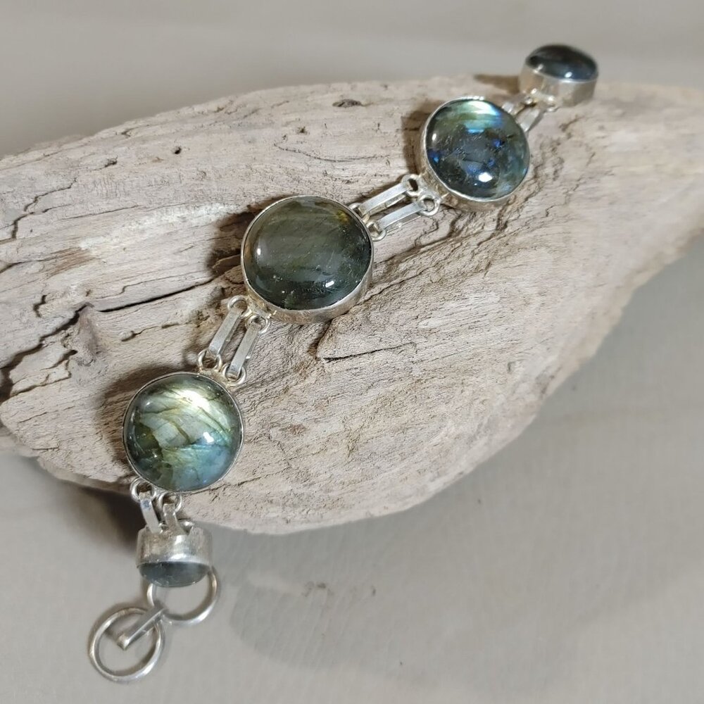 Labradorite Sterling Silver Link Bracelet Vintage 8 Inches Round Toggle Clasp